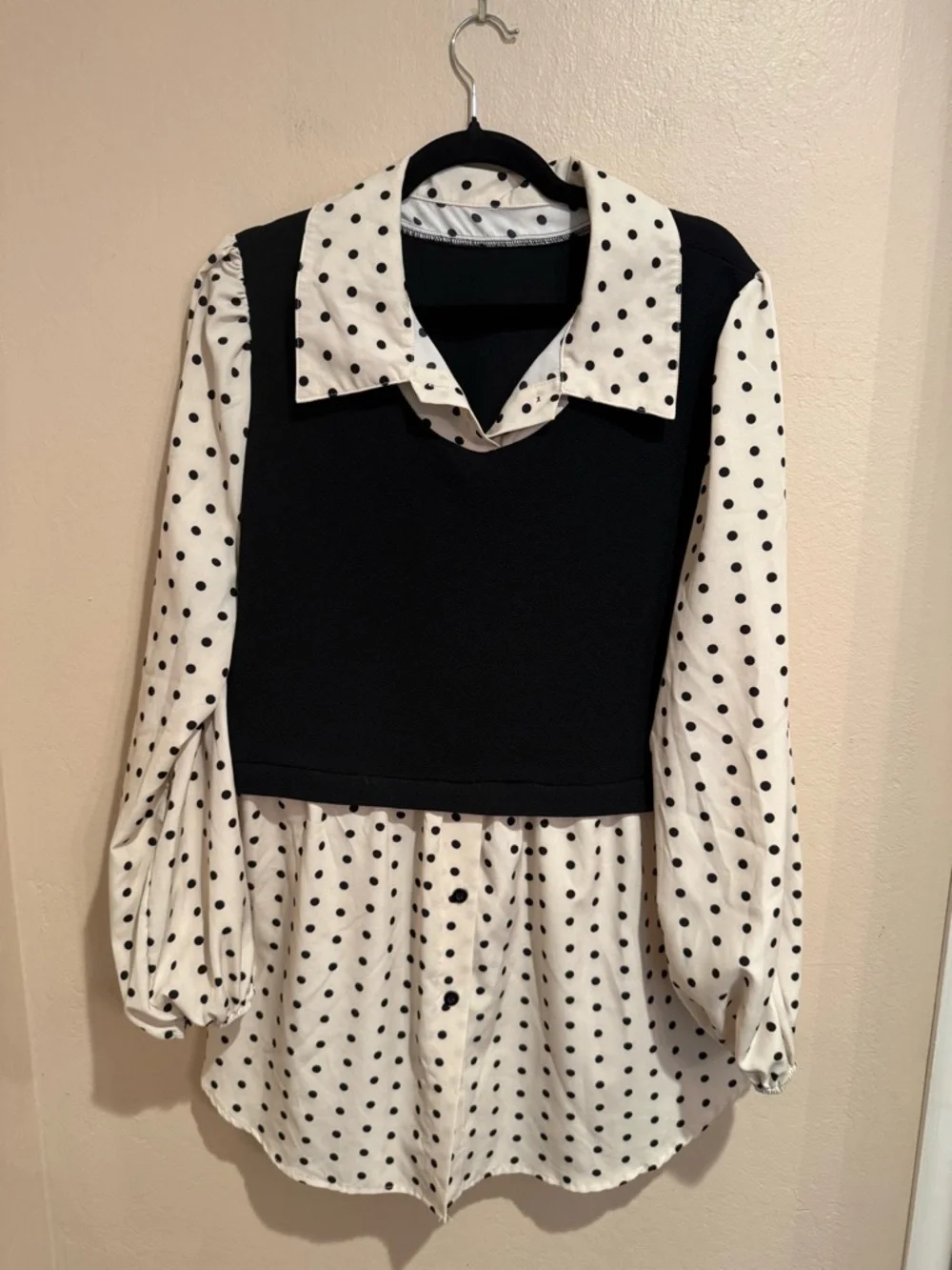 Black and White Polka Dot Layered Sweater Blouse Plus Size - Picture 3 of 6